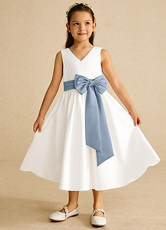 Azazie Darling Flower Girl Dresses Ivory Dusty Blue A-Line Bow Cotton Dress image2