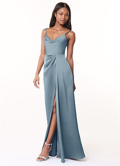 Azazie Brielle Bridesmaid Dresses Dusty Blue A-Line Cowl Spaghetti Straps Stretch Satin Dress image3