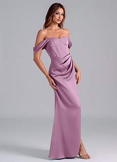 Azazie Asha Bridesmaid Dresses Wisteria Sheath Off the Shoulder Stretch Satin Convertible Dress image3