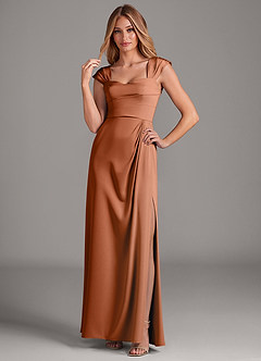 Azazie Laila Bridesmaid Dresses Copper A-Line Pleated Stretch Satin Dress image3