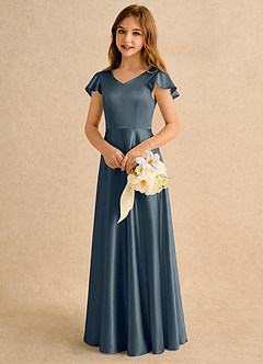 Azazie Nari Girls Formal Final Sale Blushing Pink A-Line with Sleeves Stretch Satin Dress image4