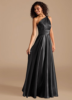 Azazie Charlize Bridesmaid Dresses Black A-Line One Shoulder Metallic Satin Dress image6