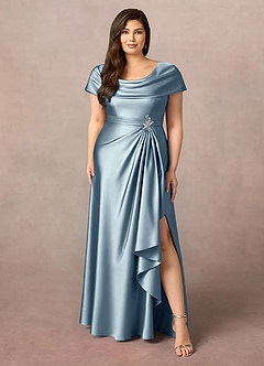 Azazie Branford Mother of the Bride Dresses Dusty Blue A-Line Pleated Stretch Satin Dress image9