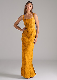 Azazie Kenna Bridesmaid Dresses Butterscotch Sheath Side Slit Floral Burnout Dress image1