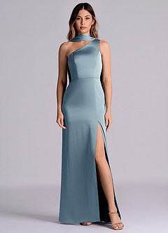 Azazie Philana Bridesmaid Dresses Dusty Blue A-Line One Shoulder Stretch Satin Dress image1
