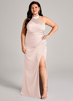 Azazie Jemma Jurken voor bruidsmeisjes Jurk van Stretch Satijn met Kolom Geplooid Blozend Roze image10