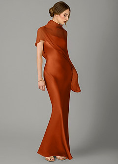 Azazie Jaleesa Bridesmaid Dresses Burnt Orange A-Line High Neck Stretch Satin Dress image3