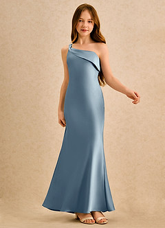 Azazie Almond Girls Formal Sukienki dla dziewczynek sypiących kwiaty Osłona Jedno ramię Satyna elastyczna Długość podłogi Sukienka image6