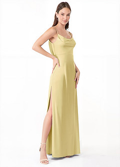 Azazie Alaija Bridesmaid Dresses Lemon Sorbet Mermaid Side Slit Stretch Satin Dress image3