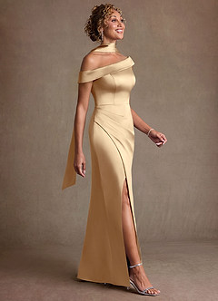 Azazie Kamala 신부의 어머니 드레스 쉬스 한쪽 어깨 스트레치 새틴 플로어 길이 드레스 image3