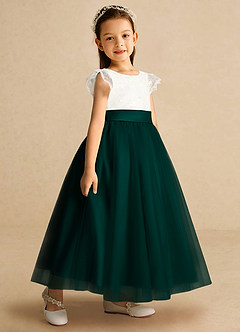 Azazie Pookie Robe Demoiselle D'honneur Fillette Robe Trapèze en Tulle Dentelle Vert Pin image2