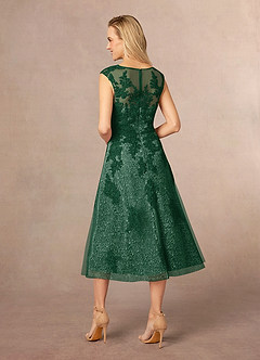Azazie Flynn vestidos de madre de la novia Vestido de Verde Oscuro de Tul de Corte En A con Cuello barco encaje image3