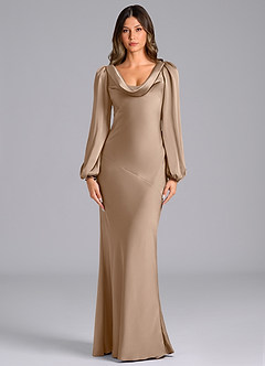 Azazie Rylina Bridesmaid Dresses Taupe Mermaid Long Sleeve Stretch Satin Dress image1