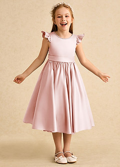 Azazie Dumpling Blumenmädchenkleider A-Linie Schleifen Matte Satin Kleid Zartrosa image2