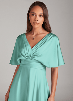 Azazie Pamela Robes de demoiselle d'honneur Robe Trapèze en Satin extensible Plissée Aqua image4