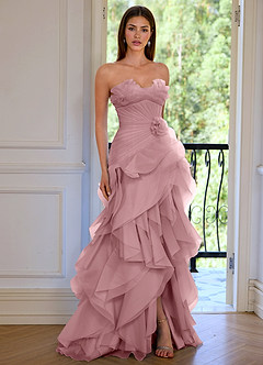 Aurelia Dusty Pink Floral Sweetheart Neckline A-line Ruffle Asymmetrical Prom Dress image6