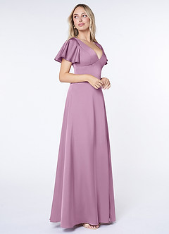 Azazie Lani Bridesmaid Dresses Wisteria A-Line Flounce Sleeve Stretch Satin Dress image4