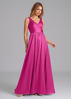Azazie Keyla Bridesmaid Dresses Fuchsia A-Line Pleated Stretch Satin Dress image6