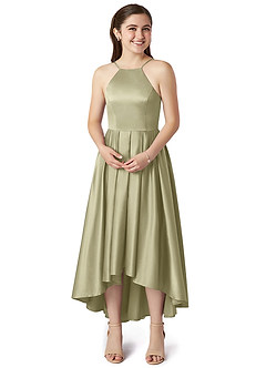Azazie Jemima Junior Pistachio A-Line with Pockets Stretch Satin Dress image4