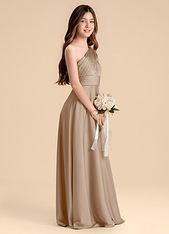 Azazie Charlize Junior Taupe A-Line Pleated Stretch Satin Dress image5