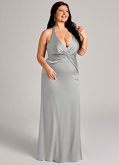 Azazie Valerie Vestidos de damas de honor Vestido de Plata de Satén Elástico de Corte Sirena con Plisado image10