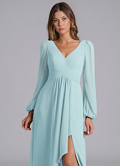 Azazie Omari Bridesmaid Dresses Sea Glass A-Line Long Sleeve Chiffon Dress image7
