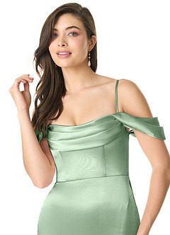 Azazie Liv Final Sale Matcha Sheath Off the Shoulder Metallic Satin Convertible Dress image6