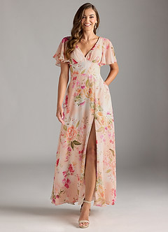 Azazie Kimber Bridesmaid Dresses Abstract Bouquet Floral A-Line Flounce Sleeve Chiffon Dress image1