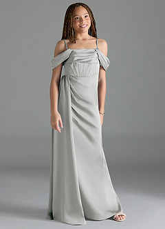Azazie Amyra Junior Silver Sheath Off the Shoulder Stretch Satin Dress image3