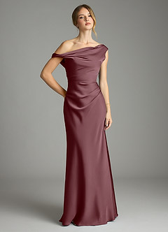 Azazie Emerson Bridesmaid Dresses Sangria Mermaid Off the Shoulder Stretch Satin Dress image1