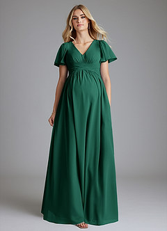 Azazie Verna vestidos de dama de honor de maternidad Vestido de Corte en A Cuello en V fruncido Hasta el suelo Gasa image4