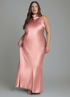 Azazie Velli Vestidos de damas de honor Vestido Rosa Polvorienta de Satén Metálico de Corte Recto con Cuello alto image11