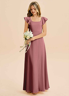 Azazie Bondi Junior Vestido Ametista de Cetim elástico de Linha A com Fenda Lateral image5