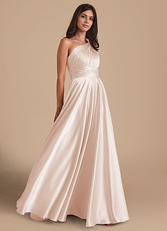 Azazie Charlize Bridesmaid Dresses Rose Gold A-Line One Shoulder Metallic Satin Dress image4