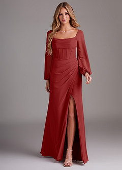 Azazie Charissa Robes de demoiselle d'honneur Robe Fourreau en Mousseline de soie Manche longue Rouille image3