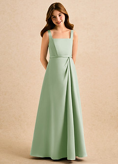 Azazie Emiko Girls Formal Flower Girl Dresses Dusty Sage A-Line Pleated Matte Satin Dress image1