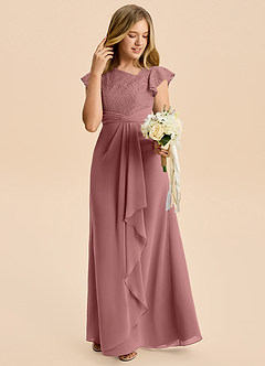 Azazie Jadyn Junior Desert Rose A-Line Lace Chiffon Dress image3