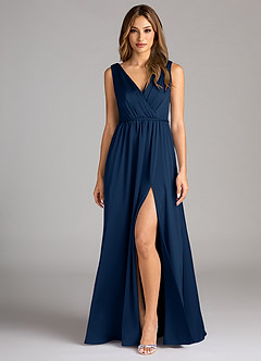 Azazie Tanicia Vestidos de damas de honor Vestido de Azul Marino Oscuro de Satén Elástico de Corte en A con Plisado image1