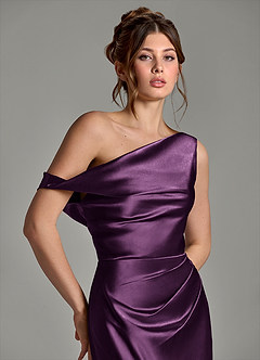 Azazie Emerson Bridesmaid Dresses Plum Mermaid Off the Shoulder Metallic Satin Dress image7