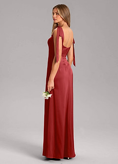 Azazie Frostine Bridesmaid Dresses Pomegranate A-Line Bow Stretch Satin Dress image6