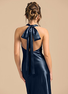 Azazie Velli Bridesmaid Dresses Dark Navy Sheath High Neck Metallic Satin Dress image6