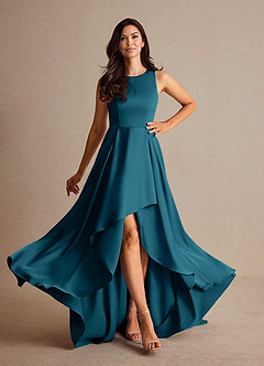 Azazie Niles Mother of the Bride Dresses Ink Blue A-Line Trains Stretch Satin Dress image2