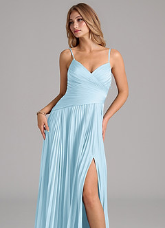 Azazie Vini Robes de demoiselle d'honneur Robe Trapèze en Satin extensible Plissée Bleu Ciel image2