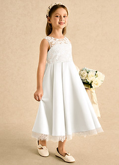 Azazie Amari Flower Girl Dresses Ivory A-Line Lace Matte Satin Dress image3