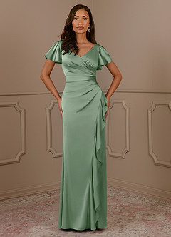 Azazie Roya Mother of the Bride Dresses Matcha Mermaid V-Neck Pleated Stretch Satin Dress image2