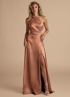 Azazie Clarice Brautjungfernkleider A-Linie Hoher Kragen Metallischer Satin Kleid Bronzer image4