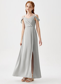 Azazie Ocean Junior Silver A-Line Off the Shoulder Stretch Satin Dress image5