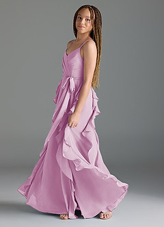 Azazie Peyton Junior Vestido de Rosa Caramelo de Gasa de Corte En A con Volantes en cascada Cuello en V image4