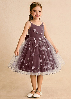 Azazie Junebug Blumenmädchenkleider Ballkleid Spaghetti Riemen Tüll Kleid Sangria image5