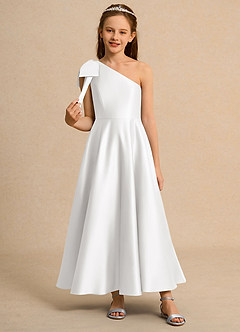 Azazie Guppy Girls Formal Flower Girl Dresses White A-Line One Shoulder Matte Satin Dress image3
